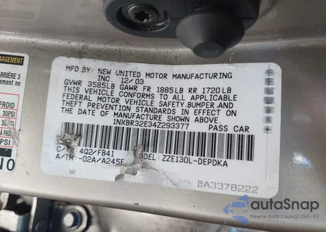 2004 Toyota Corolla Ce z USA, uszkodzony, nr VIN 1NXBR32E34Z293377